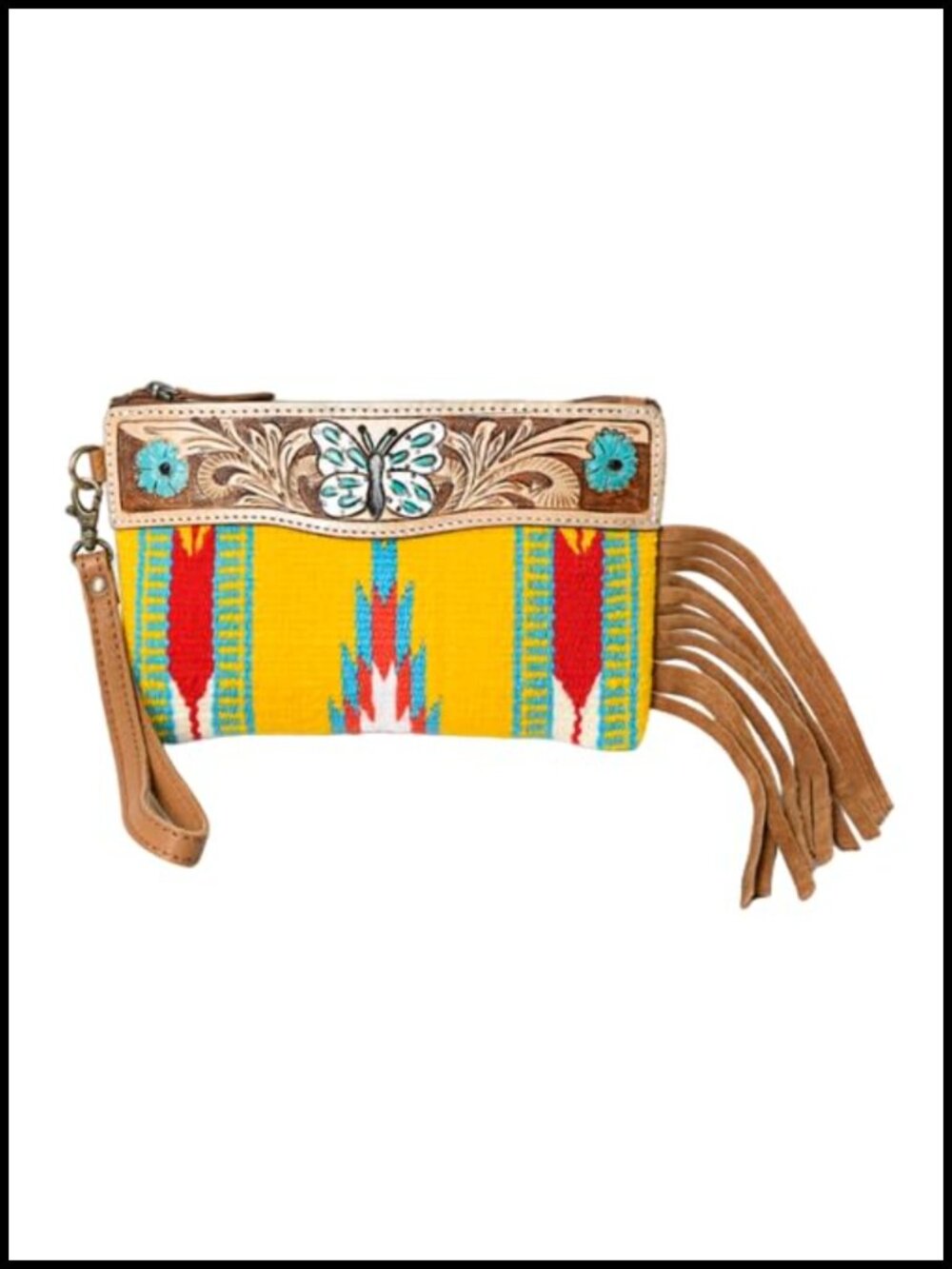 Woolen Saddle Blanket Clutch Wallet Tooled Leather Handle Handmade Western